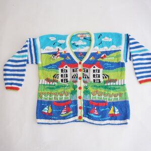 VTG Cardigan Bay Coastal Scenic Knit Lighthouse Sailboat Cottagecore Sweater 1X
